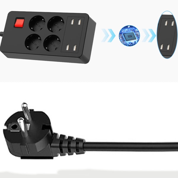 Multifunktionellt överspänningsskydd med 4 uttag och 4 USB-portar, grenuttag med individuell strömbrytare mot överbelastning, 1,5 m svart