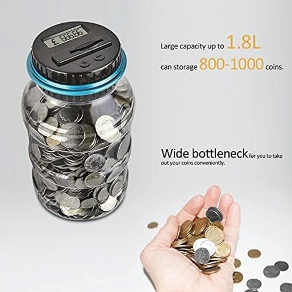 Digital myntbank, 1,8L elektronisk sparbössa automatisk räkningsburk för barn och vuxna, spargris myntburk spargrisbehållare med LCD-display(