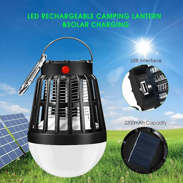 Mygglampa, bärbar vattentät insektsfälla, 2-i-1 UV-solcell och USB-laddningsbar campingmygglampa för inomhus- och utomhusbruk