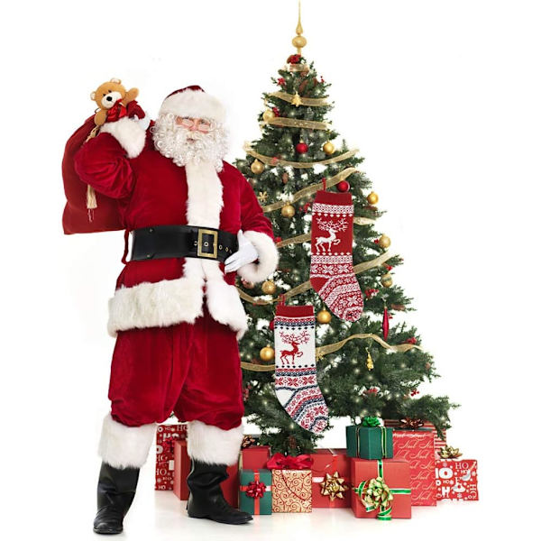 2-pack julstrumpor i stickat material för dekoration av eldstaden, hängande strumpor, julklappspåsar, julgodispåsar för julgransdekorationer, eldstad