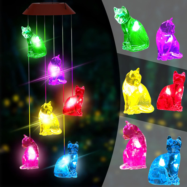 Katt Solcells Vindspel Ljus, Solcells Katt Vindspel för Utomhus, Katt Solcells Ljus Gåvor Kvinnor Födelsedag, Solcells Katt Vindspel Trädgårdsdekor