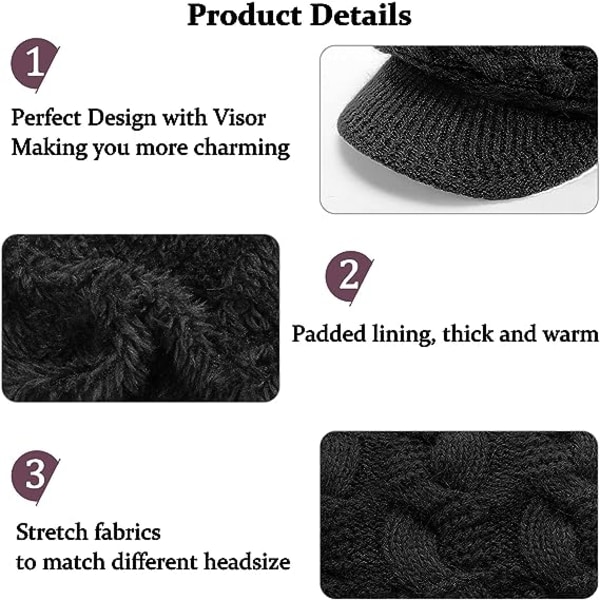 Beanie Hats for Women - Knitted Winter Hat Fleece Lined Ladies Beret Hat Warm Knitted Wool Hat Peaked Baker Boy Hat with Visor(black)