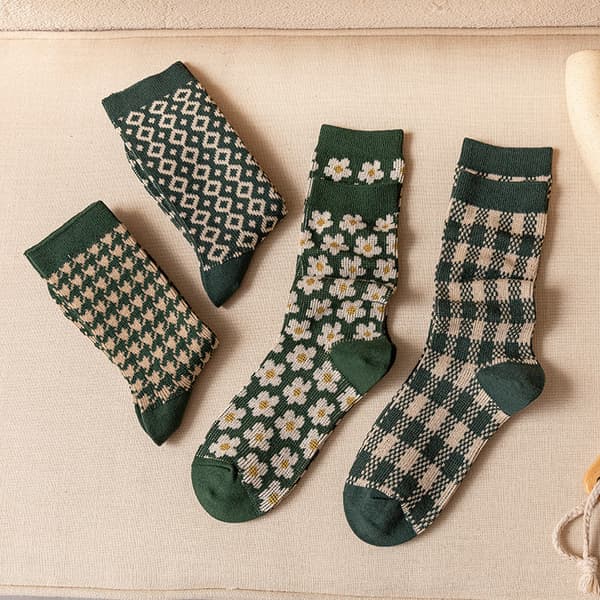 5 par blomstrede ternede bomuldssokker til midt på læggen, varme og afslappede, bløde, tykke ribstrikkede sokker med rund hals til vinter og efterår.