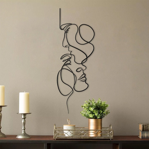 Minimalistisk Metall Väggkonst 30 x 10 cm Metall Väggdekor Svart Ansikte Konst Enkel Linje Väggdekoration Svart Ansikte för Sovrum Matsal Kök Hall