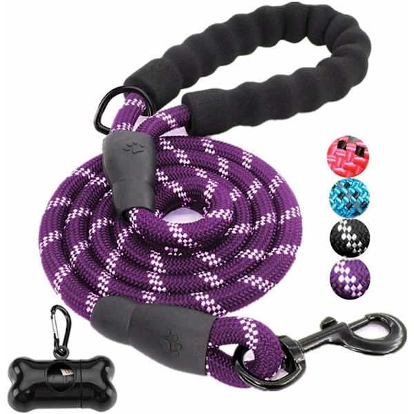 Hundehalsbånd, 1,5 m 100 % nylon hundekobbel med komfortabelt polstret håndtak og nattreflekterende tråder egnet for alle hunder (lilla), HANBING