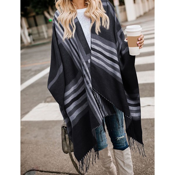 Damekapper, Cape Style Efterårstøj, Frontåben Boho Buffalo Uld Cardigan, Oversized Ternet Cape Sweater med Frynser, Sort - Striber