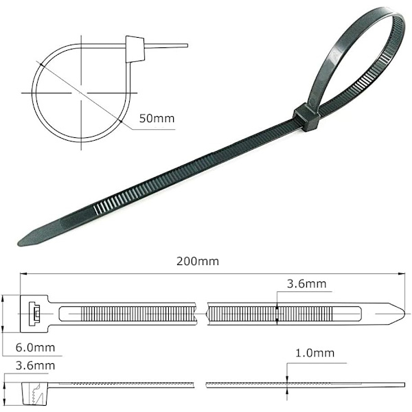 500 stk. 200mm x 3,6mm sorte Beeway 8 tommer Premium strips, stærke nylon strips