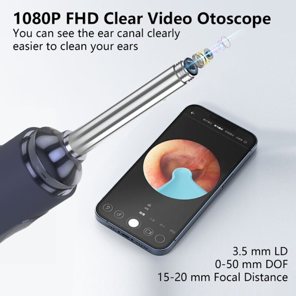 1080P HD 3,5 mm:n korvaotoskoopin tarkastuskamera IP67 vedenpitävä korvanpuhdistin 6 LED-valolla, korvanpuhdistustyökalu sopii IOS- ja Android-älypuhelimille