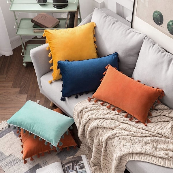 2 stk fløyel myke ensfargede dekorative putetrekk med frynser frynser boho putetrekk for sofa seng marineblå