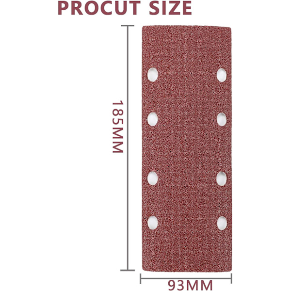Pakke med 40 slipeark for oscillerende slipemaskin 93 x 185 mm, 8 hull, 60/80/120/240 kornstørrelse rektangulært sandpapir i aluminiumoksid, ideelt for sliping/polering
