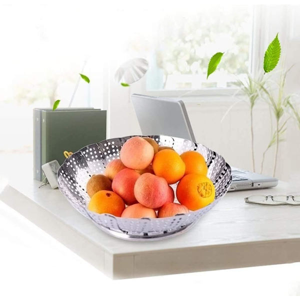 Sølv rustfrit stål frugtskål damper rustfrit stål foldbar sammenklappelig damper bakke multifunktionel damper frugtskål frugtskål