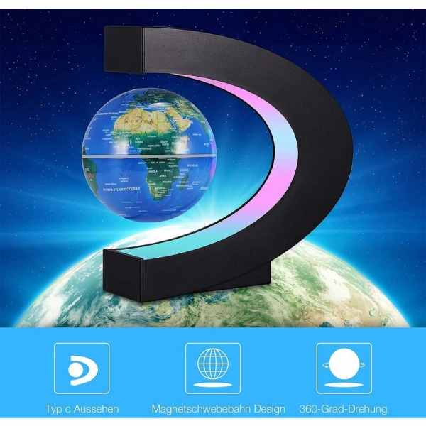 Magnetisk svevende globus, 3,5 tommers C-formet opplyst verdenskart globus med LED-fargebelysning for skrivebordsdekorasjon leketøy for barn, bursdag og helligdager (blå)