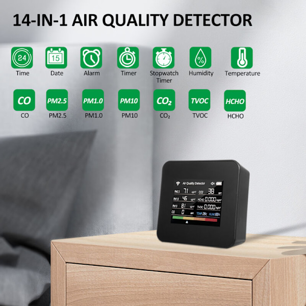 Innendørs luftkvalitetsmåler 14 i 1 Tuya WiFi luftkvalitetsdetektor detekterer CO₂ CO TVOC HCHO temperatur og fuktighet PM2.5 PM1.0 PM10 fargeskjerm TF