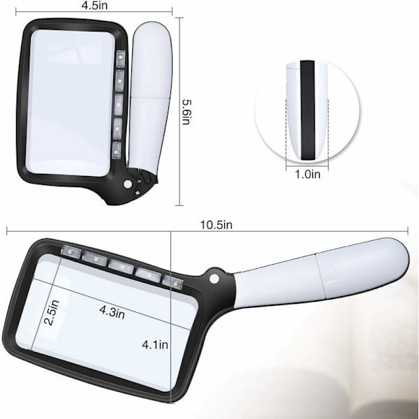 Rektangulært læseforstørrelsesglas med 5 LED-lys, 2 intensitetstilstande og 2x forstørrelse til ældre eller svagtseende, Læsehobby I