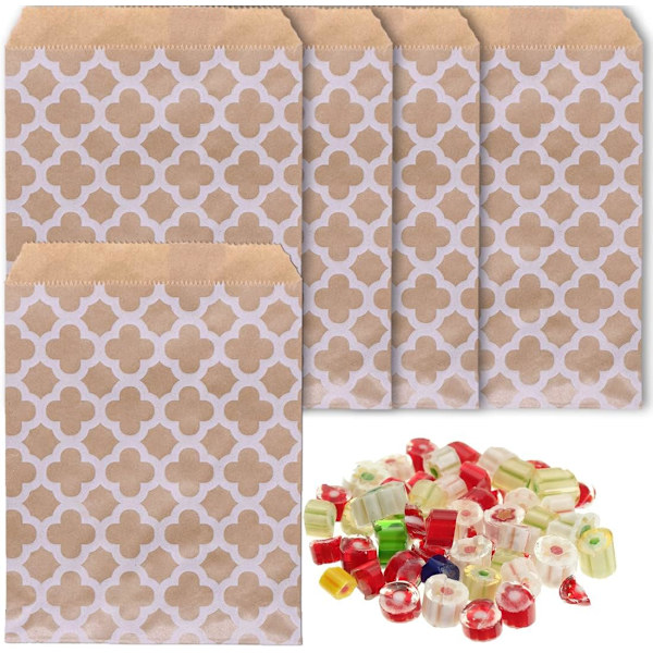 Firkløver - 100 brune bunnpapirposer, godteripapirposer, DIY kraftpapirposer, kraftposer, gaveposer av papir til kaker, brød, sandwi