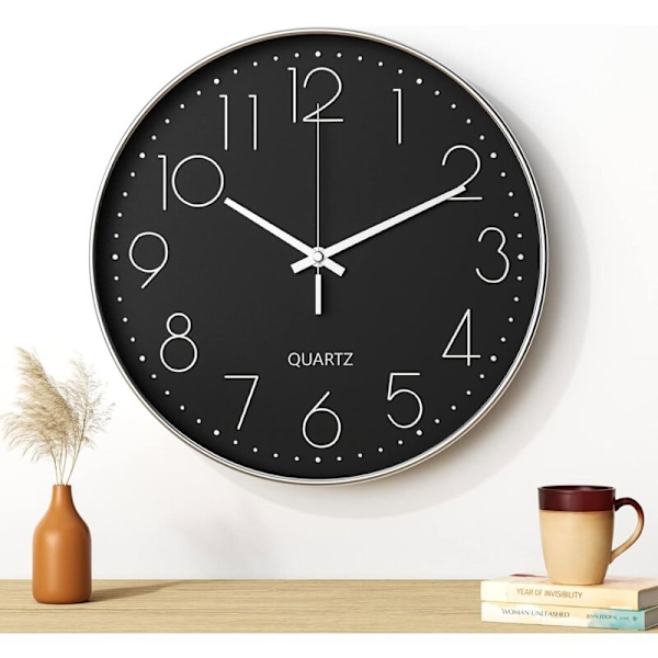 Væg ur, 30 cm (12 tommer) Moderne lydløst vægur, quartz urværk, moderne minimalistisk design i sort, til stue, køkken, kontor, soveværelse (s