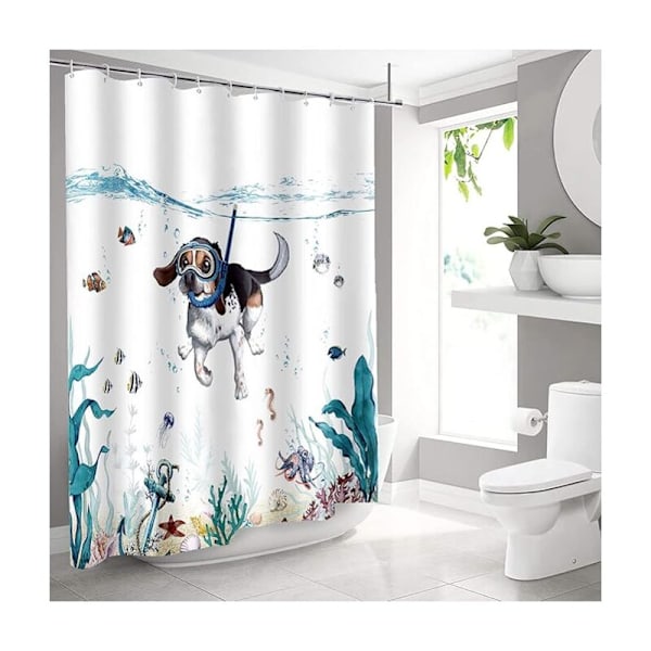 Söt Badrumsgardin Dykande Hund Marin Polyester Duschdraperi 180x180cm Hållbar Vattentät Modern Badrumsinredning med 12 krokar