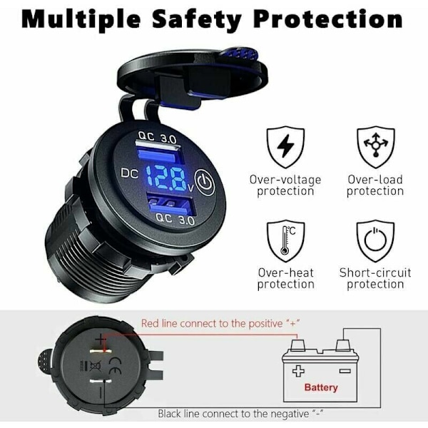 USB/QC3.0 dobbelt oplader til motorcykler og biler - vandtæt - 12 V/24 V/36 W - med LED digital voltmeter og kontakt (blå)