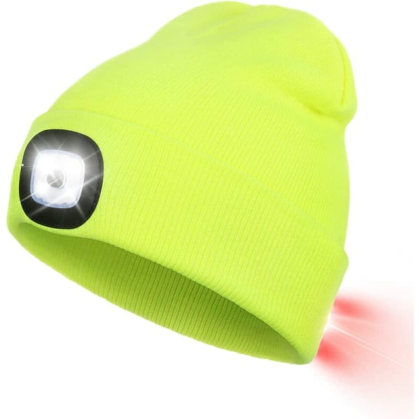 Mössa med LED-lampa fram och bak, USB uppladdningsbar pannlampa med 3 ljusstyrkanivåer, stickad mössa med ljus för jogging, camping, cykling