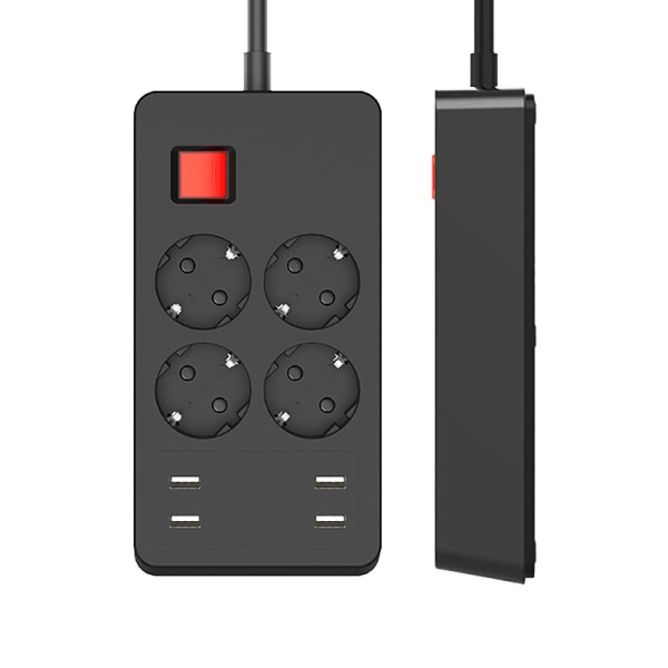Multifunktionel overspændingsbeskytter med 4 stikkontakter og 4 USB-porte, stikdåse med individuel afbryder mod overbelastning, 1,5 m sort