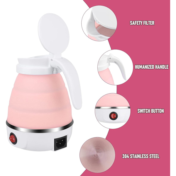 Pink sammenklappelig kedel 0,6L silikone rejsekedel sammenklappelig elektrisk kedel, mini bærbar kedel med rustfrit stål bund til camping, rejse