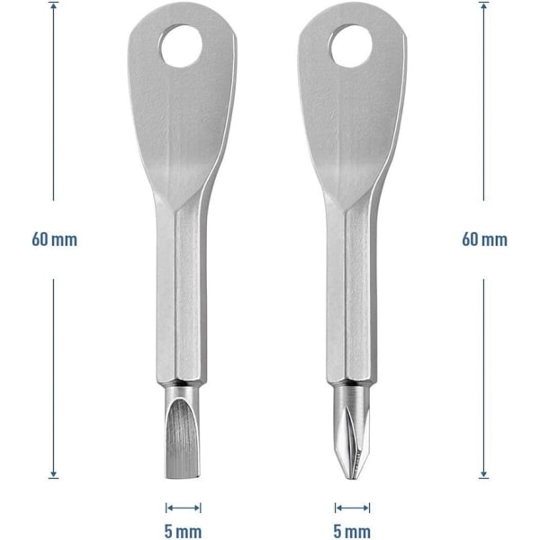 Multifunksjonell lommemini-verktøy (sølv, 2 stk./sett), utendørs nødbærbart EDC skrutrekkersett verktøy med nøkkelring, lommeskrutrekker nøkkel