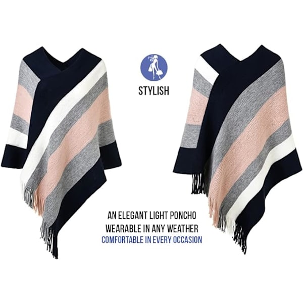 Dam Poncho Tröja Casual Randig Mångsidig Frans Sjal Wrap för Höst Vinter