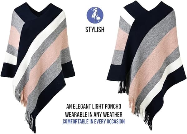 Kvinders Casual Stribet Poncho Sweater Versatile Frynser Sjal Wrap til Efterår Vinter
