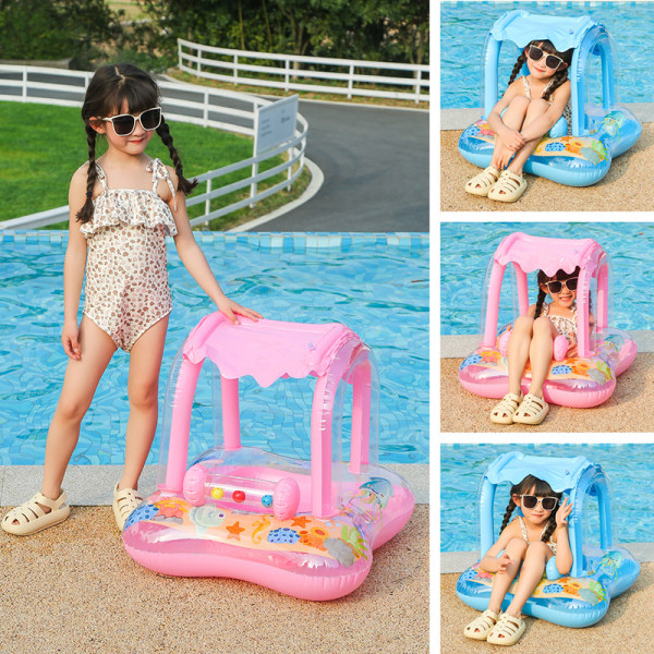 Barn simring (blå), uppblåsbar poolboj för barn, flytande simring med solskydd, baby poolstol för barn pojkar flickor