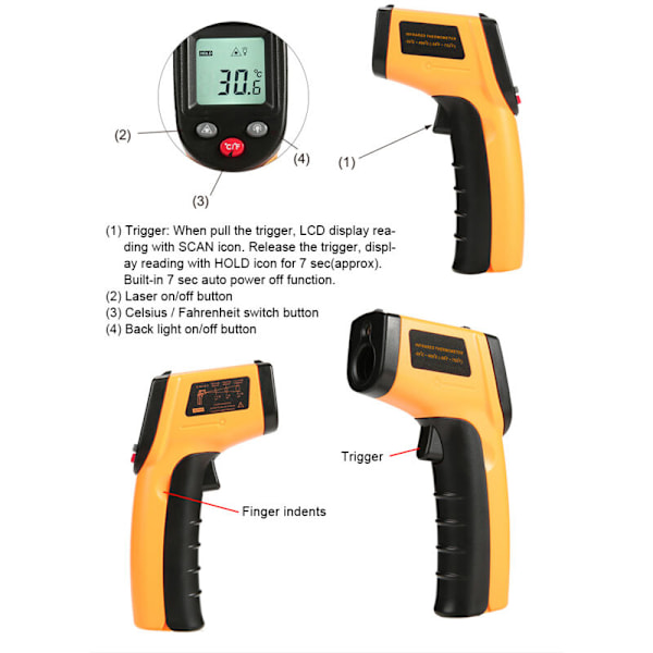 Infrarødt termometer, Laser kontakt Infrarødt termometer fra -50 ° C til 400 ° C, LCD-skærm med baggrundsbelysning