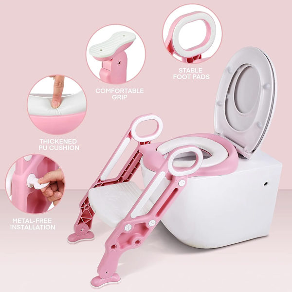 Justerbar og sammenklappelig børnetoiletsæde, babytoiletreducer med trin, børnetoilettræner med stige, kvalitetsmaterialer, til højde 38-42 cm