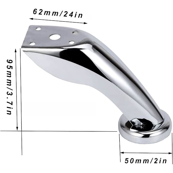 4 st möbelben, kromjärnben, lutande sofaben, soffbordsben, snedställda bordsben, för soffor, stolar, pallar, skåp (silver, 9,5 cm)