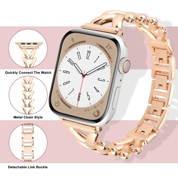 Rose Gold - Band kompatibel med Apple Watch 41 mm 40 mm 38 mm Series 8/7/6/5/4/3/2/1, tunn metallrem i rostfritt stål för kvinnor för