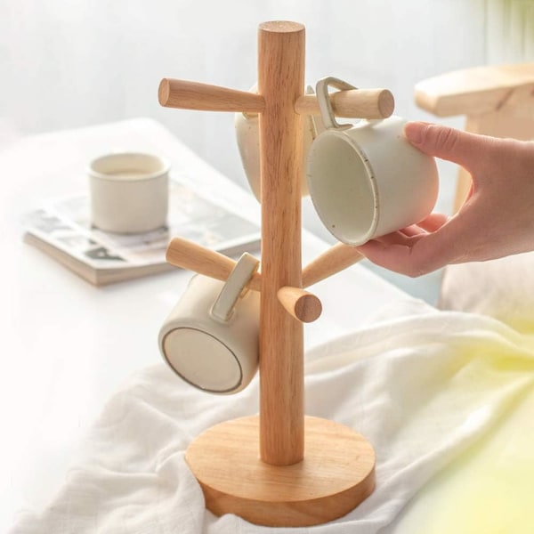 Træ krus træ krus holder krus stativ bordplade holder træ kop holder opbevaring arrangør display stativ køkkenartikler til te kaffekop krus kroge (6 C