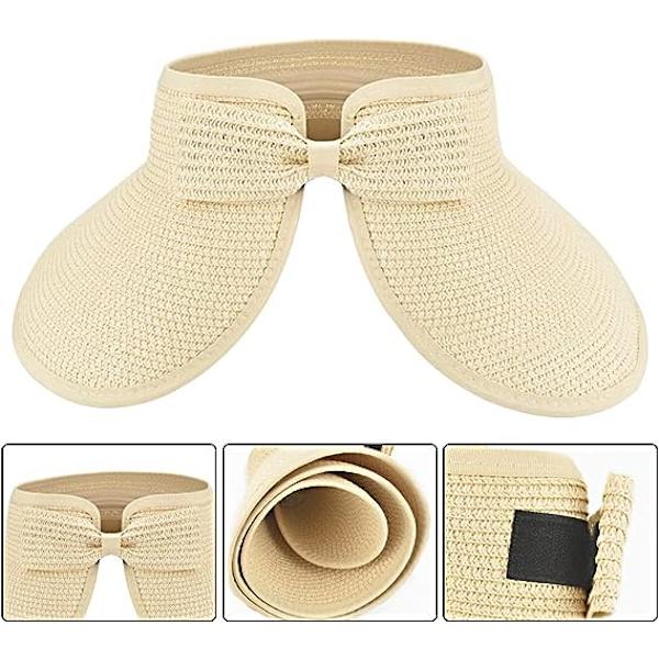 Beige - 1 st halmhatt för kvinnor strand solhatt utomhus solhatt bred brätte hopfällbar halmhatt med solskydd halmhatt för sommarresor va