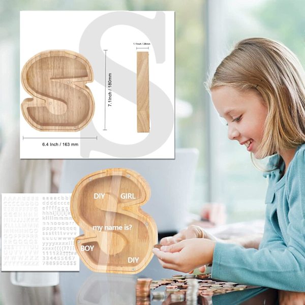 Personlig sparebøsse for barn med bokstaver fra A til Å Transparent sparebøsse i tre med bokstavdekorasjon Kreativ sparebøsse for barn