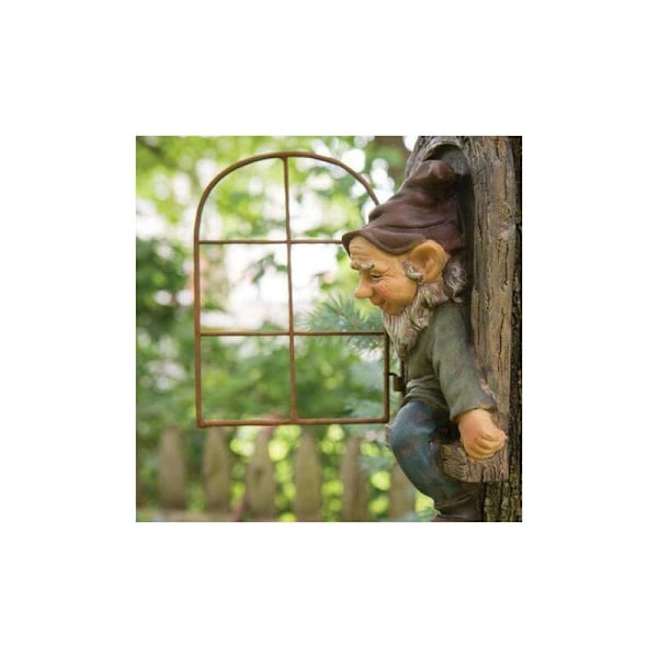 Alv ut av døren Treomfavner, hagefigur i resin, hengende hagenisse for terrasse, plen (mann)