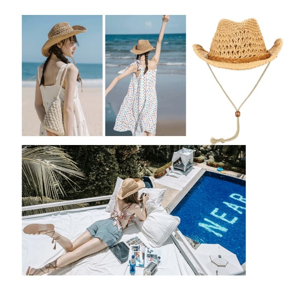 Olki Cowboy-hattu Leveälierinen aurinkohattu Cowgirl Summer Panama -hattu leukahihnalla Miehet Naiset Sombrero Travel Outdoor Perhehattu