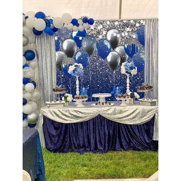 Blå og sølv baggrunde 150x210cm, brugt til Orlando bryllupsbal, fødselsdagsfest fotografering baggrund skinnende sølvgrå blå ballon børn