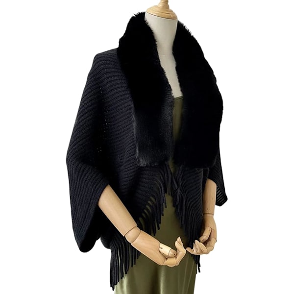 Stickad tjock damlös sjal poncho cape reversibel överdimensionerad lång stickad varm wrap för kvinnor damer på vintern (svart)