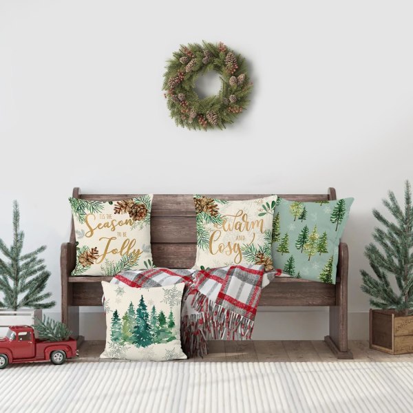 Vinter tall kuddfodral 45 x 45 cm dubbelsidig dekorativ prydnadskuddfodral jul örngott för soffa säng hem vinter jul dekor set om 4