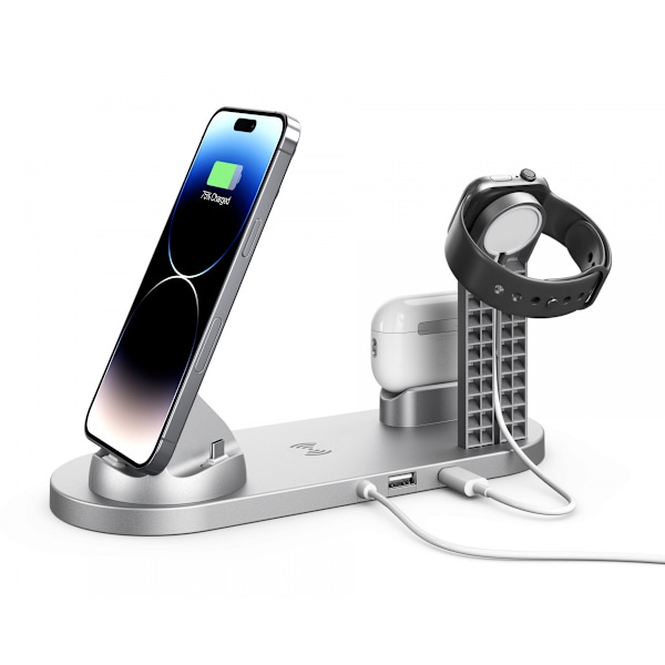 5-i-1 trådløs lader for iPhone 14 mobiltelefon øretelefon klokke 15W trådløs hurtiglading
