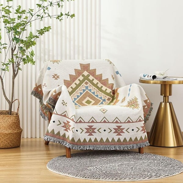 Dubbelvävd bomullsfilt med fransar, etnisk bohemisk stil, geometriskt mönster, soffa, säng, stol, camping, gobeläng, duk, matta 90x150cm