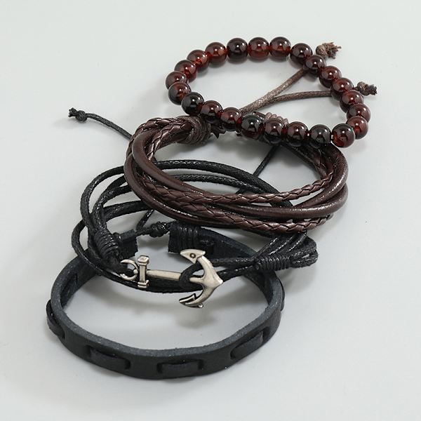 Ankare armband i flätat läder med vintage-design, julklapp, semestergåva eller födelsedagspresent, set med nautiska armband