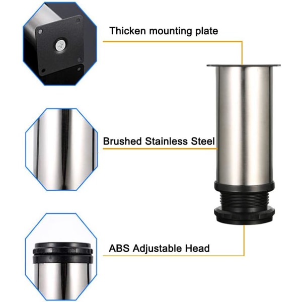 4 säädettävää jalkaa, korkeus 120 mm, paksut huonekalujalat, pöydänjalat, harjattu ruostumaton teräs, huonekalujalat, korkeussäädettävä 0-15 mm, mukana ruostumattomasta teräksestä valmistetut