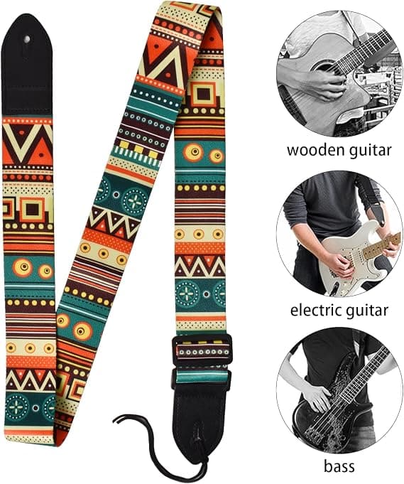 1 st etnisk gitarrrem, justerbar ukulele-rem, gitarrrem med PU-läderändar, gitarraccessoarer, passar bas, el- och akustisk gitarr