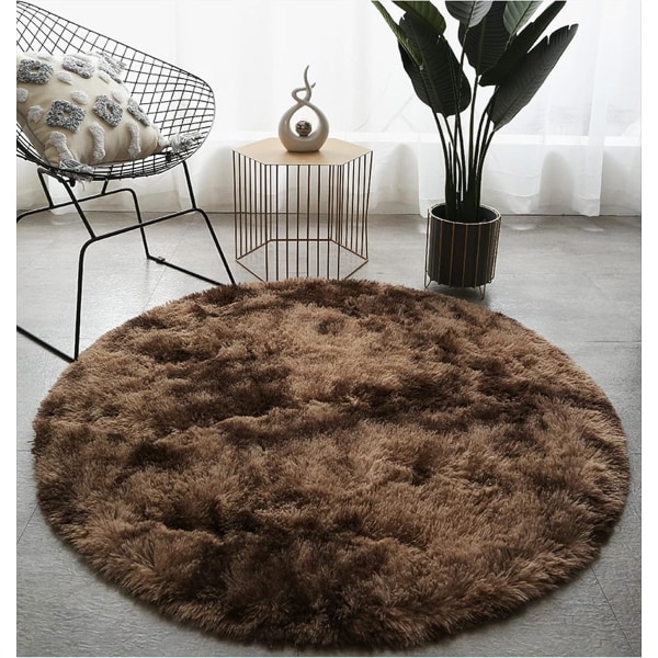 Rundt tæppe, Shaggy, Moderne, til stue, soveværelse, spisestue eller børneværelse, behageligt shaggy gulvtæppe med skridsikker belægning (Kaffe, 120cm X 120cm)