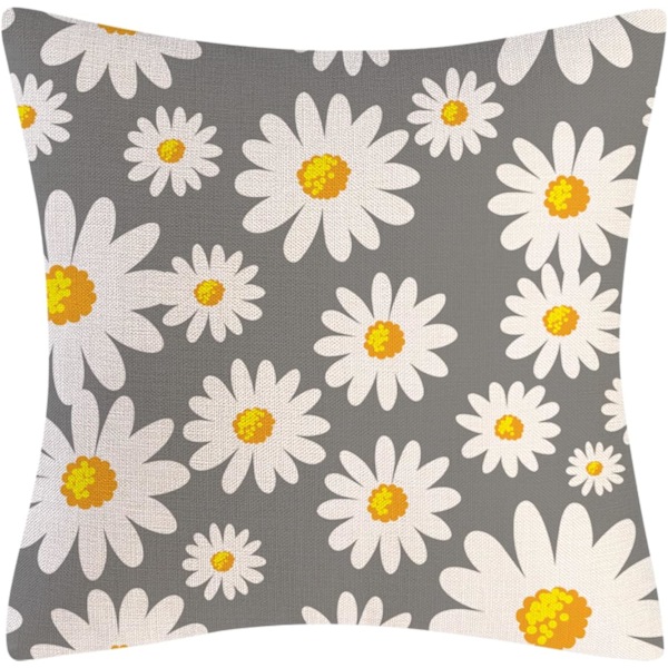 Daisy Kuddfodral Set om 4, Linne Kvadrat Blommiga Örngott 18x18 Tum för Dekorativ Soffa Säng Hem Bil Utomhus Trädgård Gåvor (Grå)