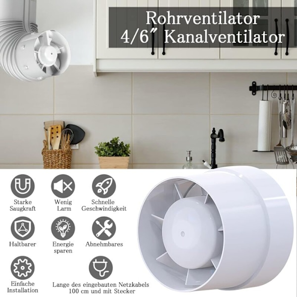 (LFI-11S) Hiljainen ilmanpoistolaite, 104mm, 130m³/h, 12 W, online-käyttö, aksiaalinen vahvistus, energiatehokas, WC-kylpyhuoneeseen telttakeittiöön autotalliin