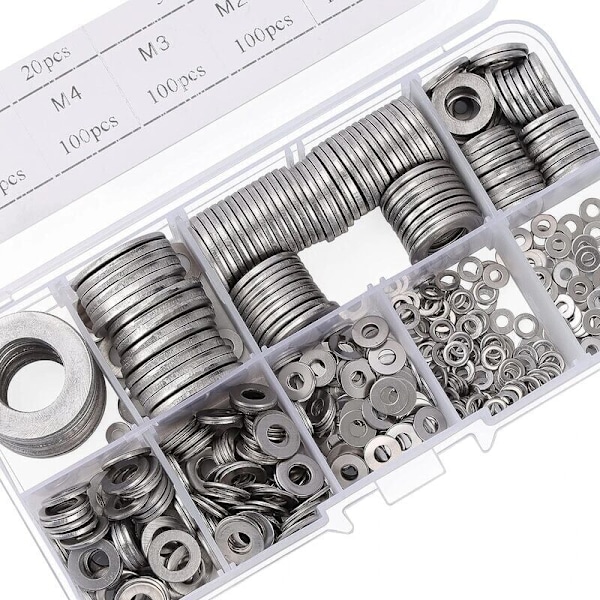 Rustfri stålskive med opbevaringsboks (sæt med 580) - Sortiment af 9 størrelser M2, M2.5, M3, M4, M5, M6, M8, M10 & M12 - Parti af metalringe - Reparationer, F